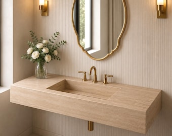 Lavabo de travertino de lujo para montaje en pared con desagüe oculto - Lavabo de baño de piedra flotante