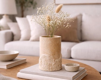 Serena - Handmade Travertine Vase: Sculptural Beige Stone Vase, 7.1"