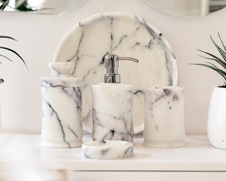 Celestia - 5-piece Luxury Veined White Marble Bathroom Accessories Set ...