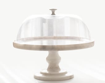 Gaia 12.4&quot; inch (32cm) Large White Marble Cake Stand With Dome Lid - Marble Pedestal Pastry Stand With Dome Lid