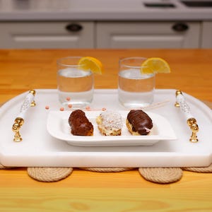Regalia - Handmade White Marble Serving Tray with Gold Colored Handles (15.75” x 11.81”)