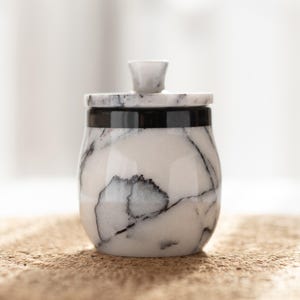 Hestia - Handcrafted Marble Jar with Lid: Veined White Marble Canister, Stone Salt Cellar