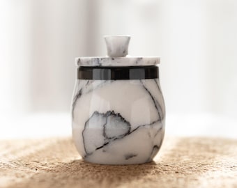 Hestia - Handcrafted Marble Jar with Lid: Veined White Marble Canister, Stone Salt Cellar