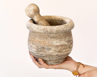 Giant Terra 6.7”(17cm) Wide 11 lbs (5kg) Travertine Mortar and Pestle – Handmade Stone Grinder for Chefs – Large Rustic Marble Spice Grinder
