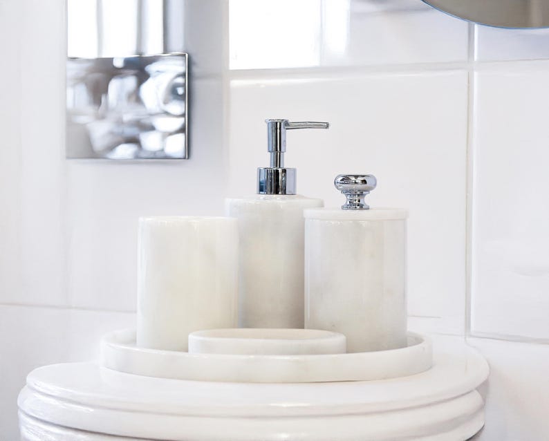 Aurelia - 5-piece White Marble Bathroom Accessories Set With Tray - Etsy