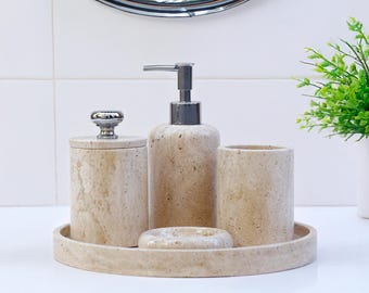 Valeria - Juego de 5 accesorios de baño de lujo en travertino beige