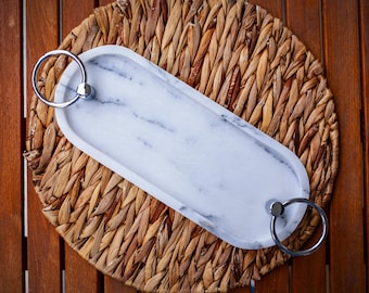 Amora - 11.8" Handmade Veined White Marble Tray with Ring Handles
