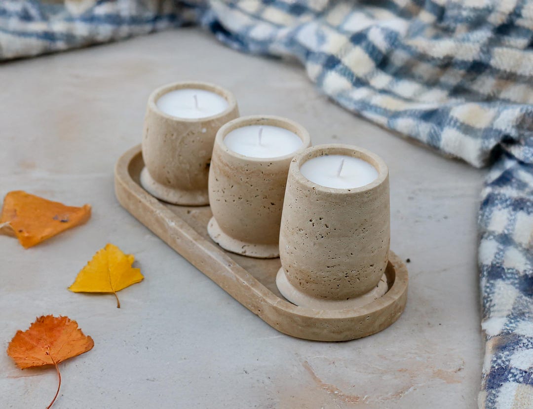 Luminia - Travertine Candle Holder Set With Tray: Scented Soy