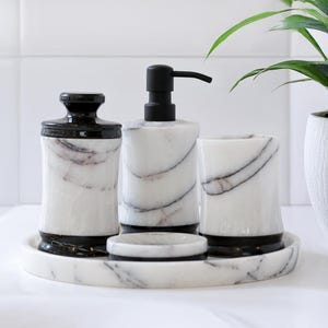 Celestia Ultra Luxury Real Black White Marble 5 Piece Unique Bathroom Set – Stainless Steel Pump - Stone Soap Dispenser, Tray, Tootbrush
