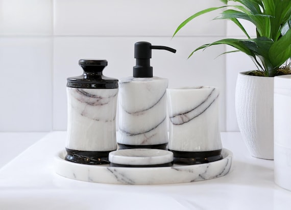 Celestia - 5-Piece Luxury Black & White Marble Bathroom Accessories Set with Stainless Steel Pump