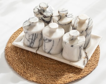 VENIA 7-Piece Luxury Marble Spice Jar Set – Handmade Stone Canisters with Lids for Elegant Kitchen Storage & Organization