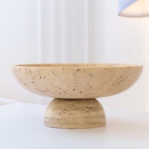 Gratia - Large Travertine Pedestal Bowl: Marble Centerpiece, 12" Serving Bowl image 4