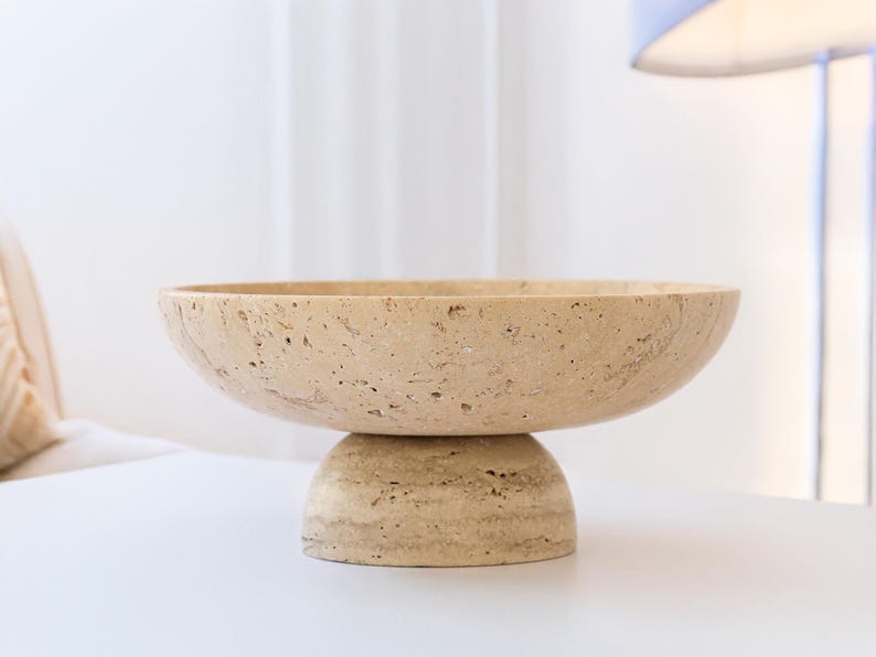 Gratia - Large Travertine Pedestal Bowl: Marble Centerpiece, 12" Serving Bowl image 4