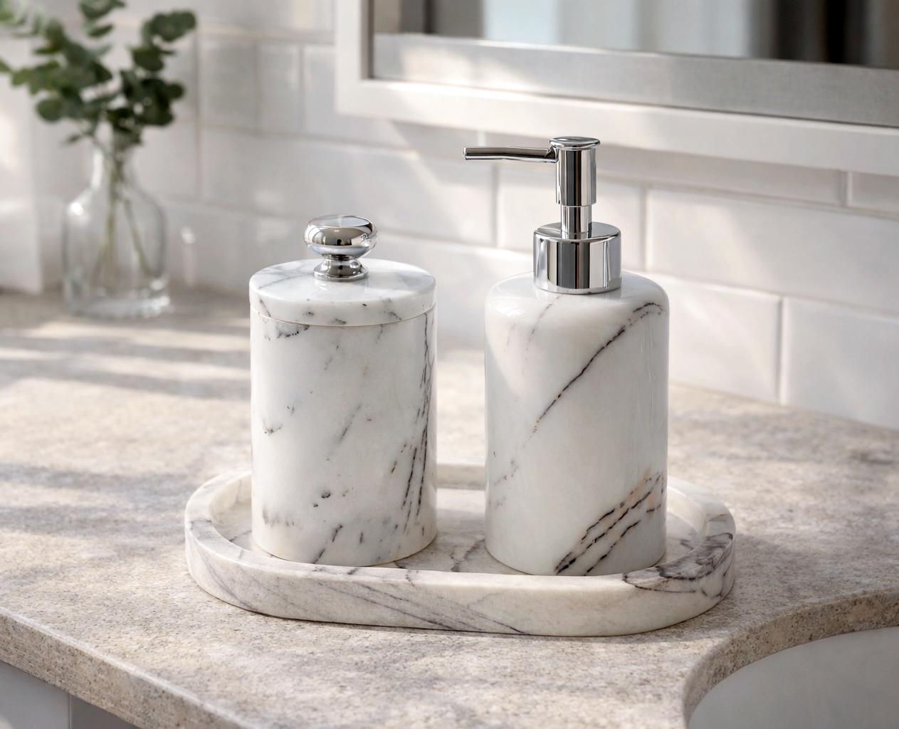 Valeria - 3-Piece Marble Bathroom Accessories Set: Handmade Luxury Veined White Stone