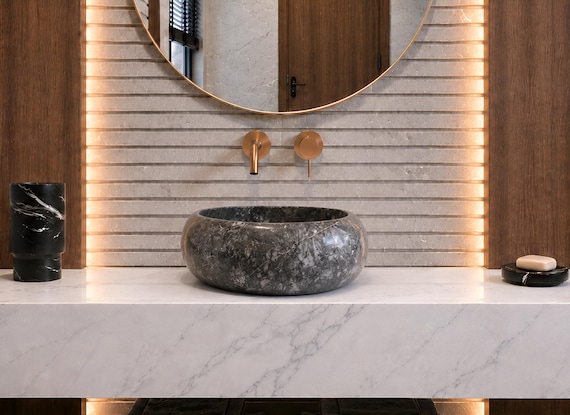Dark Gray Marble Vessel Sink - Sculptural Rounded Countertop Marble Basin