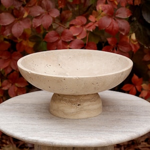 Gratia - Large Travertine Pedestal Bowl: Marble Centerpiece, 12" Serving Bowl image 1