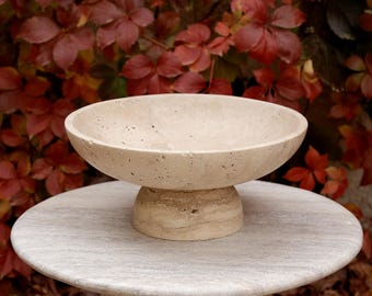 Gratia - Large Travertine Pedestal Bowl: Marble Centerpiece, 12" Serving Bowl