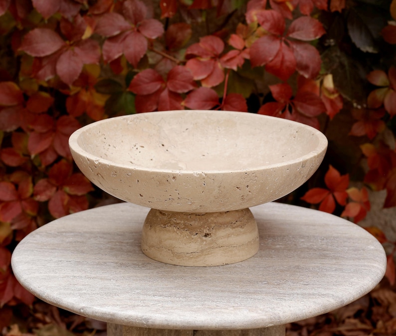 Gratia - Large Travertine Pedestal Bowl: Marble Centerpiece, 12" Serving Bowl image 1
