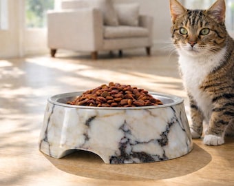 Marmora - Comedero para mascotas de mármol Calacatta Viola con pieza metálica: 20,5 cm, 2,7 kg. Comedero para gatos y perros.