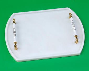 Regalia - Handmade White Marble Serving Tray with Gold Colored Handles (15.75” x 11.81”)