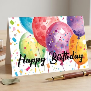Vibrant Watercolor Balloon Happy Birthday Card, Horizontal Folded Greeting Card, Artistic Birthday Card for All Ages
