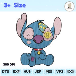 Peut inclure: Motif brodé d'un personnage de dessin animé bleu avec de grandes oreilles, des patchs et un collier rouge. Le motif comprend le texte "3+ Size" et "300 DPI" en haut et en bas, respectivement. En dessous, les abréviations "DTS", "EXP", "HUS", "JEF", "PES", "VP3" et "XXX".