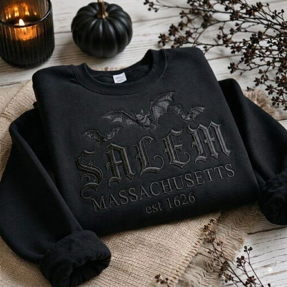 Salem Massachusetts Embroidered Sweatshirt, Halloween Witch Crewneck Shirt, Gothic Witchy Sweatshirt, Spooky Season Gift