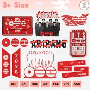 May include: A collection of red embroidered patches and designs, including a cassette tape, whale, and ticket, with the text "BTS" and "ARIRANG". Other patches feature the band members' names and the text "BTS WORLD TOUR 2026".