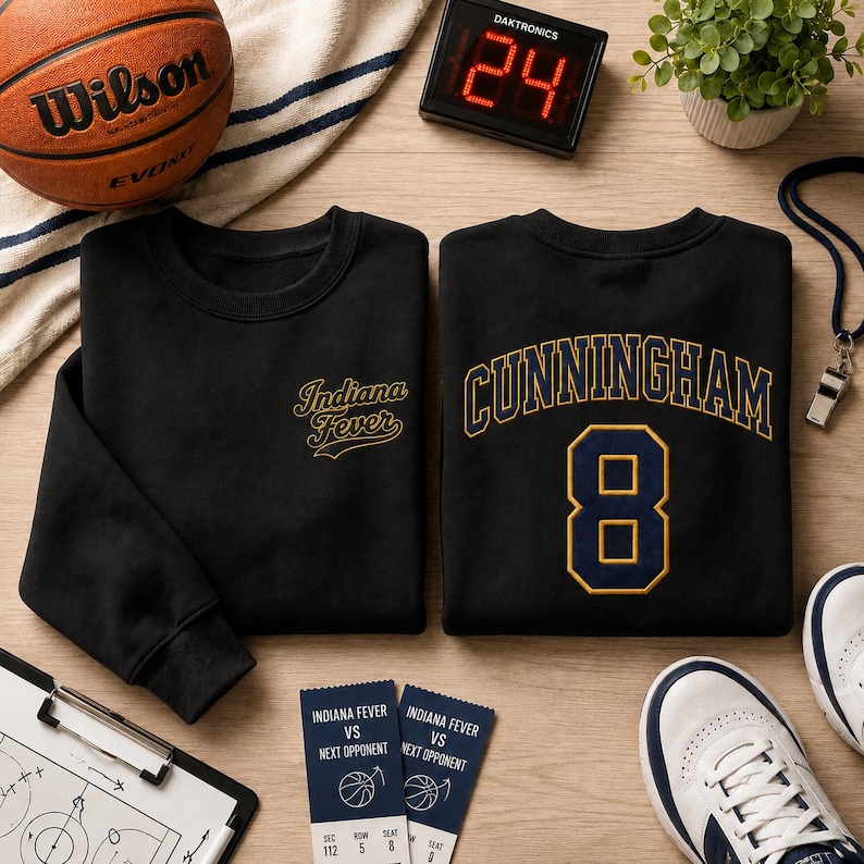 Op de afbeelding: Twee zwarte sweaters met ronde hals. E&eacute;n heeft de gouden tekst Indiana Fever op de borst. De andere toont de gouden tekst CUNNINGHAM boven het grote goud-blauwe nummer 8 op de achterkant. De items zijn gerangschikt met een basketbal, een digitaal scorebord met 24, twee wedstrijdkaartjes, een klembord en een sneaker.