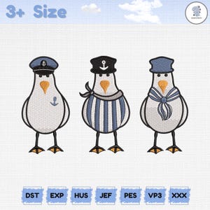 Conjunto de bordados com gansos náuticos, personagens de gansos marinheiros com chapéus de capitão e âncora, ilustração de animais costeiros, padrão de bordado.