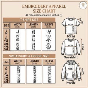 Peut inclure: Un tableau des tailles de v&ecirc;tements brod&eacute;s sur fond beige, pr&eacute;sentant des mesures en pouces pour t-shirts, sweat-shirts et sweats &agrave; capuche. Il inclut des dessins au trait d'un t-shirt, d'un sweat-shirt et d'un sweat &agrave; capuche avec des fl&egrave;ches.
