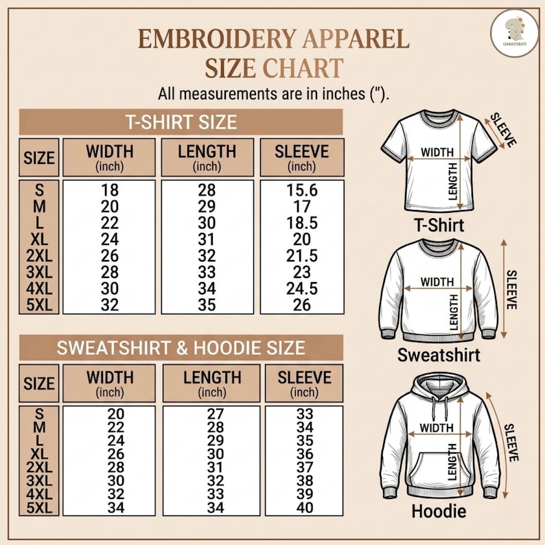 Peut inclure: Un tableau des tailles de v&ecirc;tements brod&eacute;s sur fond beige, pr&eacute;sentant des mesures en pouces pour t-shirts, sweat-shirts et sweats &agrave; capuche. Il inclut des dessins au trait d'un t-shirt, d'un sweat-shirt et d'un sweat &agrave; capuche avec des fl&egrave;ches.