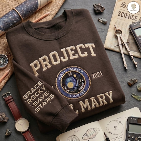 Embroidered Project Hail Mary Sweatshirt, Sleeve Embroidery Grace Rocky Save Stars, Project Hail Mary Inspired Graphic, Unisex Crewneck Tee