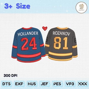 May include: Two embroidered hockey jerseys. One is navy blue with red accents, the name "HOLLANDER" and the number "24". The other is black with gold accents, the name "ROZANOV" and the number "81". A red heart is between the jerseys. The image also includes the text "3+ Size" and "300 DPI".