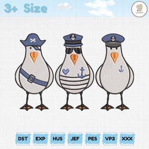 Puede incluir: Tres diseños de gaviotas bordadas. Uno lleva un sombrero de pirata y un parche en el ojo, otro lleva gafas de sol y un gorro de marinero, y el tercero tiene un gorro de marinero. Cada uno tiene un pico naranja y patas negras. El texto "3+ Size" está en la parte superior.