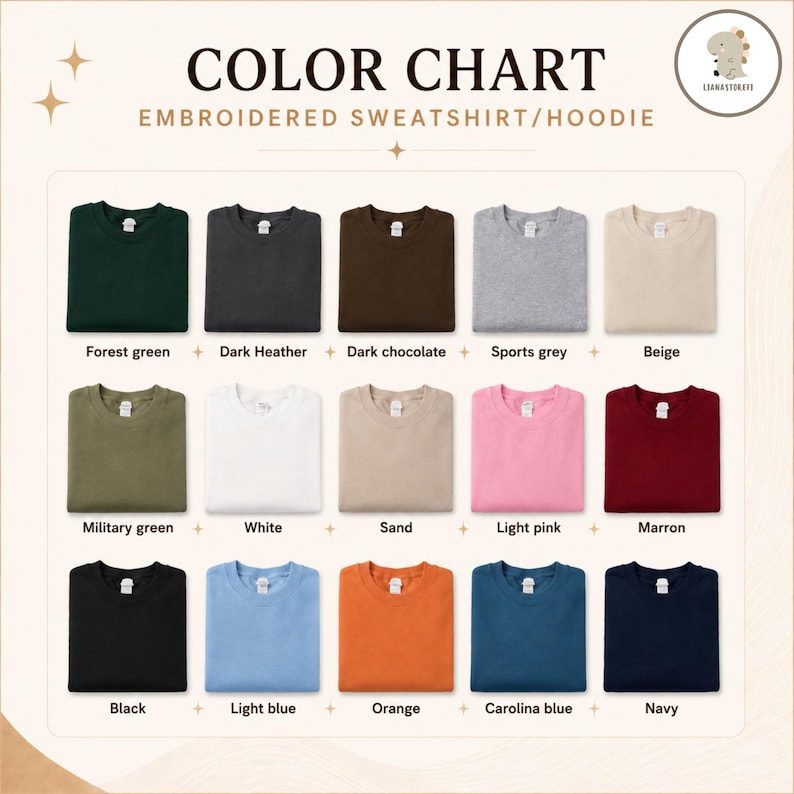 Op de afbeelding: Een kleurenkaart voor geborduurde sweatshirts en hoodies met vijftien gevouwen kledingstukken in diverse kleuren, waaronder bosgroen, donkergrijs, donkere chocolade, sportgrijs, beige, militair groen, wit, zand, lichtroze, kastanjebruin, zwart, lichtblauw, oranje, carolinablauw en marineblauw.