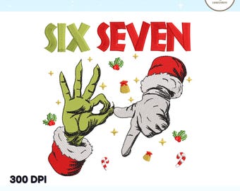 Desenho de Bordado Natalino com o Grinch e o Papai Noel - SEIS SETE | Padrão Divertido de Gestos com as Mãos para as Festas | Download Digital para Bordado à Máquina de Natal