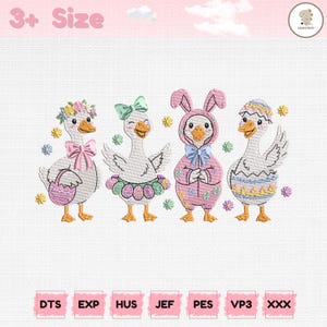 May include: An embroidered design featuring four cartoon geese dressed in Easter attire. One goose wears a floral wreath and carries a basket, another has a green bow, a third is in a bunny suit, and the last is in an eggshell.
