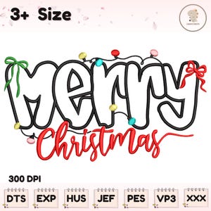May include: A festive design featuring the words "Merry Christmas" in white and red, outlined in black, with colorful lights and bows. The image also includes the text "3+ Size" and "300 DPI".