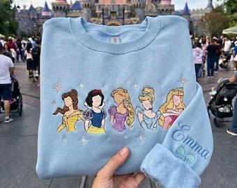 Gepersonaliseerd Disney Princess geborduurd sweatshirt, sprookjesachtige cartoon trui met ronde hals, shirt met eigen naam, magisch kasteel cadeau voor je WDW-reis
