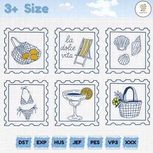 May include: A collection of six blue-outlined square designs with a summer theme. The designs include a beach chair, seashells, a bikini, a margarita, a basket, and lemons in a net bag. The text "la dolce vita" is also included.