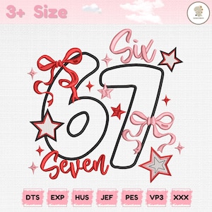 67 Valentine Embroidery Design, Six Seven Heart Bow Stars, Cute Coquette Style, Machine Embroidery File, For Couples, Digital Download