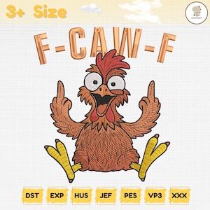 Funny Chicken Embroidery Design, F Caw F Angry Hen Cartoon with Middle Finger Gesture, Humor Farm Animal Theme, Digital Embroidery