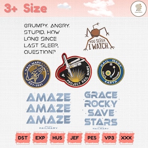 May include: A collection of embroidered patches and text designs in various styles. The patches include rocket ships, space-themed phrases, and the text "AMAZE" and "GRACE ROCKY SAVE STARS". The color palette includes blue, red, and white.