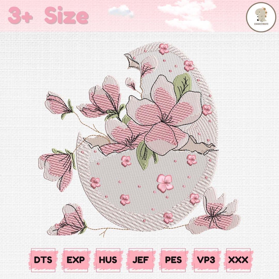 Floral Easter Egg Embroidery Design, Magnolia Flowers, Spring Holiday ...