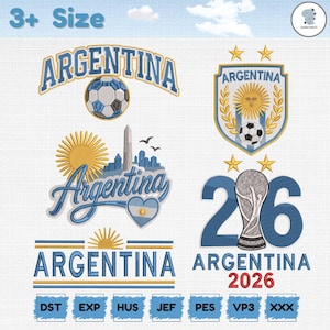 Puede incluir: Una colección de diseños de bordado con temática de Argentina que incluye la palabra Argentina, un balón de fútbol, un emblema solar, el Obelisco de Buenos Aires, un corazón con la bandera nacional, un trofeo y el año 2026, con formatos abajo.