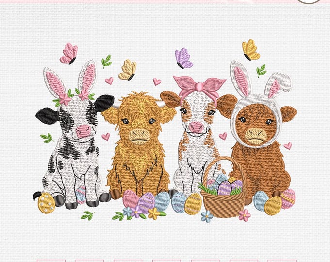 Easter Farm Embroidery Design, Cute Cow Friends in Bunny Costumes, Eggs ...