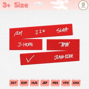 May include: Red fabric labels with white text featuring names: RM, JIN, SUGA, J-HOPE, JIMIN, and JUNG KOOK. The labels are arranged in a rectangular pattern. The image also includes the text "3+ Size".