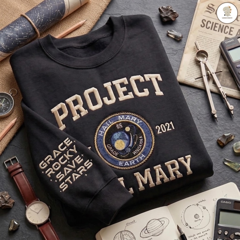 Peut inclure: Un sweat-shirt noir &agrave; manches longues avec le texte brod&eacute; PROJECT HAIL MARY et 2021. La manche affiche le texte GRACE ROCKY SAVE STARS. Un &eacute;cusson circulaire repr&eacute;sente une sc&egrave;ne spatiale avec la Terre et une lune, entour&eacute; de texte.