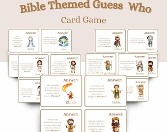 Può includere: Un set colorato di 16 carte illustrate per un gioco di Indovina Chi a tema biblico. Ogni carta presenta un personaggio diverso della Bibbia, con una breve descrizione e una domanda che chiede "Chi sono io?"
